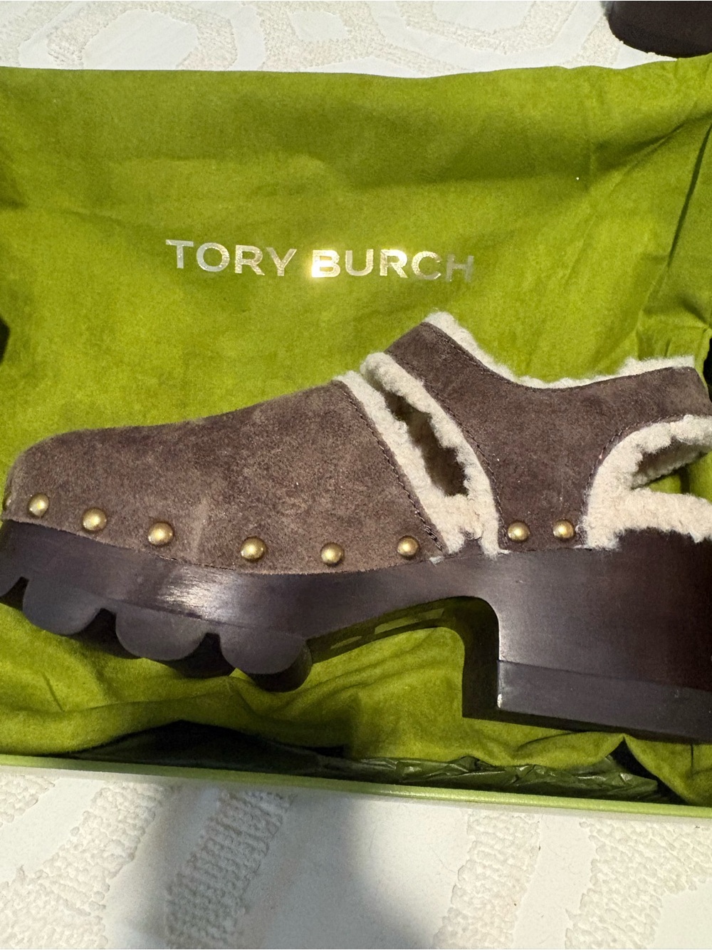 Tory Burch Brown Suede Shearling Clog with Studs